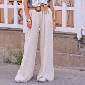 Cotton Flower Cream Wide Leg Textured Crinkle Cotton Gauze Pants